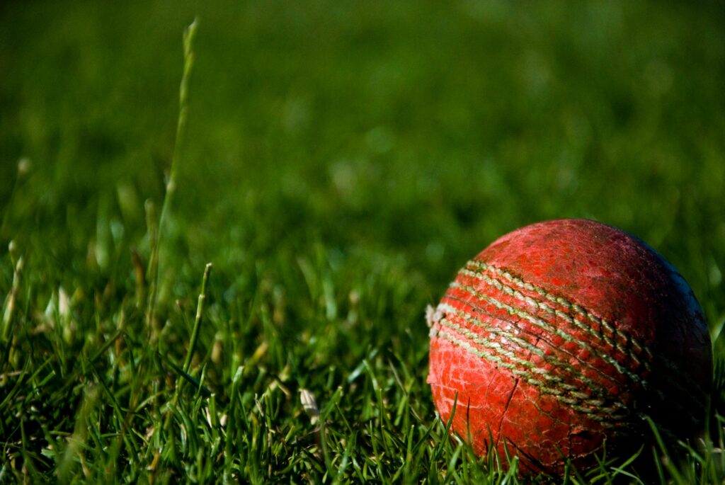A red cricket ball on the grass