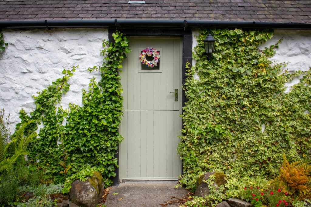 A house with an autumn wreath and ivy around the door